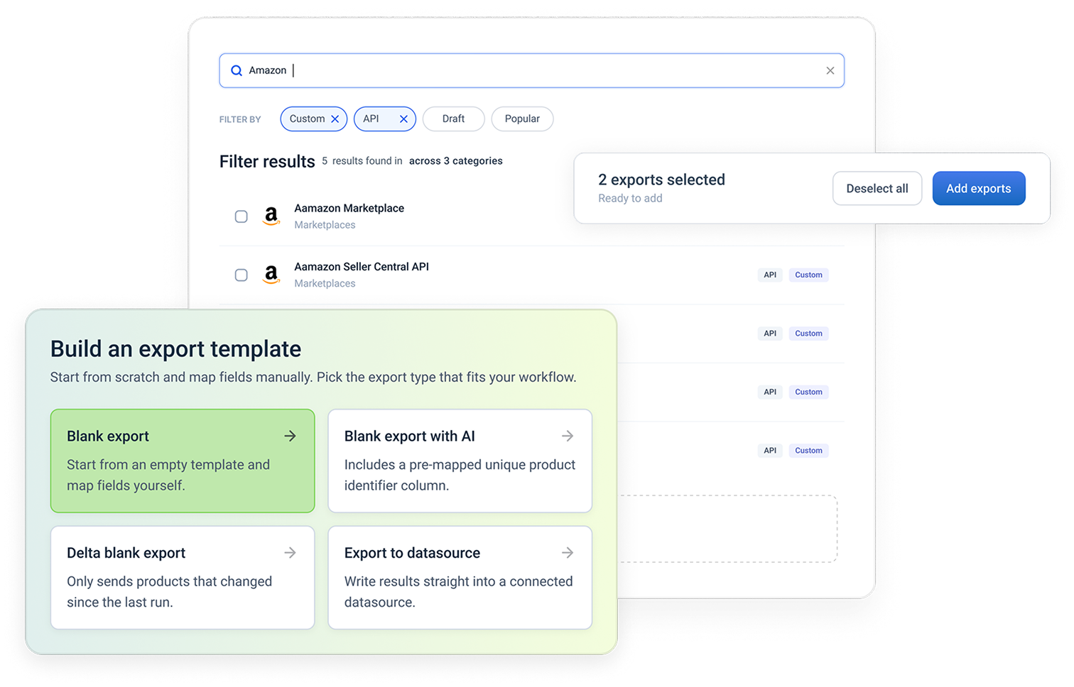 Channel Exports — export setup screens