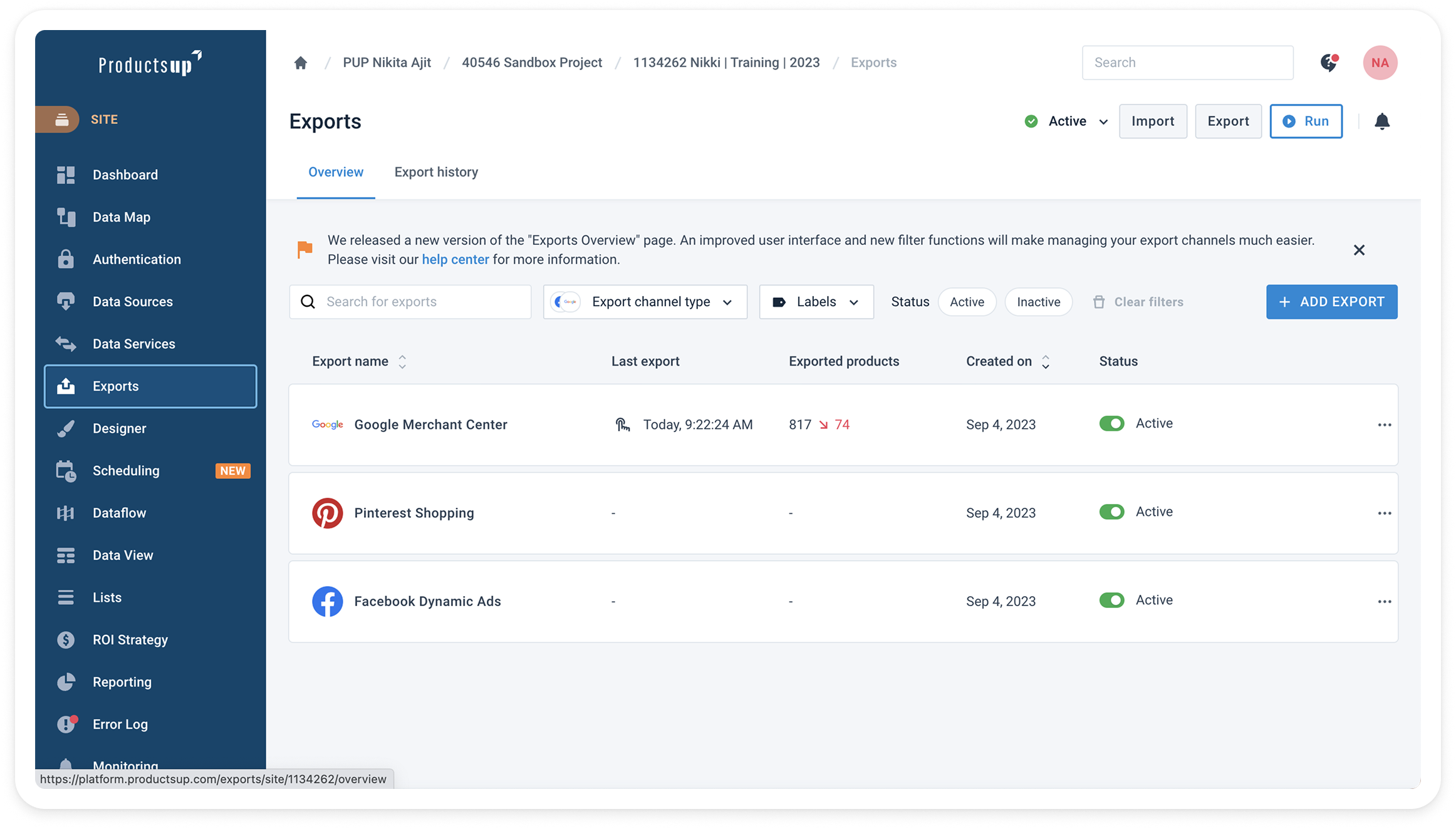 The Productsup interface